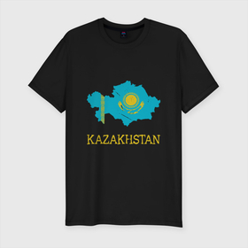 Мужская футболка хлопок Slim с принтом Map Kazakhstan в Курске, 92% хлопок, 8% лайкра | приталенный силуэт, круглый вырез ворота, длина до линии бедра, короткий рукав | europe | kazakhstan | ussr | азия | алмаата | алматы | алтай | астана | государство | европа | казах | казахи | казахстан | карта | каспийское море | нурсултан | патриот | ссср | тенге | турист | флаг | хан