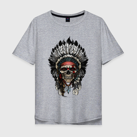 Мужская футболка хлопок Oversize с принтом Cherokee chief в Тюмени, 100% хлопок | свободный крой, круглый ворот, “спинка” длиннее передней части | cherokee | chief | feathers | indian | indian hat | roach | skull | вождь | головной убор | перья | роуч | череп | черокке | шапка индейца