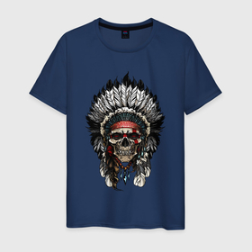 Мужская футболка хлопок с принтом Cherokee chief в Курске, 100% хлопок | прямой крой, круглый вырез горловины, длина до линии бедер, слегка спущенное плечо. | cherokee | chief | feathers | indian | indian hat | roach | skull | вождь | головной убор | перья | роуч | череп | черокке | шапка индейца