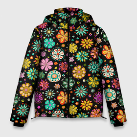 Мужская зимняя куртка 3D с принтом Night flowеrs в Тюмени, верх — 100% полиэстер; подкладка — 100% полиэстер; утеплитель — 100% полиэстер | длина ниже бедра, свободный силуэт Оверсайз. Есть воротник-стойка, отстегивающийся капюшон и ветрозащитная планка. 

Боковые карманы с листочкой на кнопках и внутренний карман на молнии. | Тематика изображения на принте: black | bouquet | flowers | букет | цветы | черный