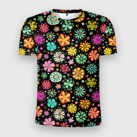 Мужская футболка 3D Slim с принтом Night flowеrs в Санкт-Петербурге, 100% полиэстер с улучшенными характеристиками | приталенный силуэт, круглая горловина, широкие плечи, сужается к линии бедра | black | bouquet | flowers | букет | цветы | черный