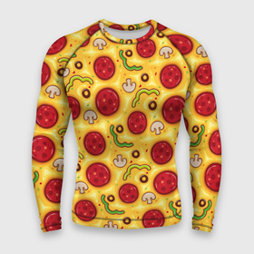 Мужской рашгард 3D с принтом Pizza salami в Екатеринбурге,  |  | cheese | mushrooms | olives | omelet | pepper | pizza | salami | sausage | грибы | колбаса | маслины | оливки | омлет | перец | пицца | салями | сыр