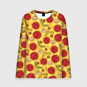 Мужской лонгслив 3D с принтом Pizza salami в Петрозаводске, 100% полиэстер | длинные рукава, круглый вырез горловины, полуприлегающий силуэт | Тематика изображения на принте: cheese | mushrooms | olives | omelet | pepper | pizza | salami | sausage | грибы | колбаса | маслины | оливки | омлет | перец | пицца | салями | сыр