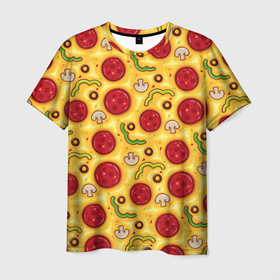 Мужская футболка 3D с принтом Pizza salami в Санкт-Петербурге, 100% полиэфир | прямой крой, круглый вырез горловины, длина до линии бедер | cheese | mushrooms | olives | omelet | pepper | pizza | salami | sausage | грибы | колбаса | маслины | оливки | омлет | перец | пицца | салями | сыр