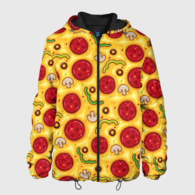 Мужская куртка 3D с принтом Pizza salami в Белгороде, ткань верха — 100% полиэстер, подклад — флис | прямой крой, подол и капюшон оформлены резинкой с фиксаторами, два кармана без застежек по бокам, один большой потайной карман на груди. Карман на груди застегивается на липучку | cheese | mushrooms | olives | omelet | pepper | pizza | salami | sausage | грибы | колбаса | маслины | оливки | омлет | перец | пицца | салями | сыр