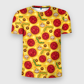 Мужская футболка 3D Slim с принтом Pizza salami в Белгороде, 100% полиэстер с улучшенными характеристиками | приталенный силуэт, круглая горловина, широкие плечи, сужается к линии бедра | cheese | mushrooms | olives | omelet | pepper | pizza | salami | sausage | грибы | колбаса | маслины | оливки | омлет | перец | пицца | салями | сыр