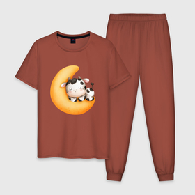 Мужская пижама хлопок с принтом Спящий бычок на месяце в Новосибирске, 100% хлопок | брюки и футболка прямого кроя, без карманов, на брюках мягкая резинка на поясе и по низу штанин
 | луна | месяц | сон | сонный | спать | спокойной ночи