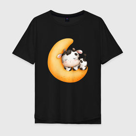 Мужская футболка хлопок Oversize с принтом Спящий бычок на месяце в Курске, 100% хлопок | свободный крой, круглый ворот, “спинка” длиннее передней части | луна | месяц | сон | сонный | спать | спокойной ночи