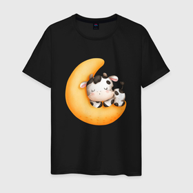 Мужская футболка хлопок с принтом Спящий бычок на месяце в Санкт-Петербурге, 100% хлопок | прямой крой, круглый вырез горловины, длина до линии бедер, слегка спущенное плечо. | луна | месяц | сон | сонный | спать | спокойной ночи