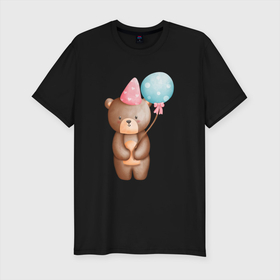 Мужская футболка хлопок Slim с принтом Медвежонок с шариками (День Рождения) в Тюмени, 92% хлопок, 8% лайкра | приталенный силуэт, круглый вырез ворота, длина до линии бедра, короткий рукав | Тематика изображения на принте: день рождения | медведь | медвежонок | мишка | поздравления | праздник | шарик | шарики