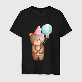 Мужская футболка хлопок с принтом Медвежонок с шариками (День Рождения) в Курске, 100% хлопок | прямой крой, круглый вырез горловины, длина до линии бедер, слегка спущенное плечо. | день рождения | медведь | медвежонок | мишка | поздравления | праздник | шарик | шарики