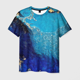 Мужская футболка 3D с принтом синий фон с золотыми разводами в Петрозаводске, 100% полиэфир | прямой крой, круглый вырез горловины, длина до линии бедер | абстракция | золото | краска | минерал | синий | текстура | узор
