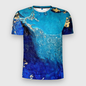 Мужская футболка 3D Slim с принтом синий фон с золотыми разводами в Новосибирске, 100% полиэстер с улучшенными характеристиками | приталенный силуэт, круглая горловина, широкие плечи, сужается к линии бедра | абстракция | золото | краска | минерал | синий | текстура | узор