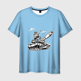 Мужская футболка 3D с принтом Танкота (небесно голубой) в Петрозаводске, 100% полиэфир | прямой крой, круглый вырез горловины, длина до линии бедер | военный | война | забавный | комикс | милитари | мультик | мультяшка | т 90 | танк | танкист | техника | юмор