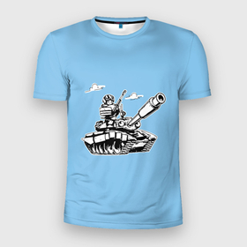 Мужская футболка 3D Slim с принтом Танкота (небесно голубой) в Екатеринбурге, 100% полиэстер с улучшенными характеристиками | приталенный силуэт, круглая горловина, широкие плечи, сужается к линии бедра | Тематика изображения на принте: военный | война | забавный | комикс | милитари | мультик | мультяшка | т 90 | танк | танкист | техника | юмор