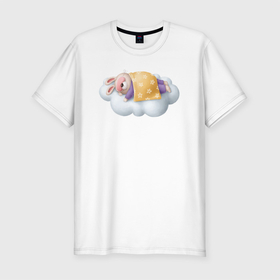Мужская футболка хлопок Slim с принтом Спящий кролик (спокойной ночи) в Екатеринбурге, 92% хлопок, 8% лайкра | приталенный силуэт, круглый вырез ворота, длина до линии бедра, короткий рукав | Тематика изображения на принте: заяц | кролик | сон | спит | спокойной ночи | спящий кролик