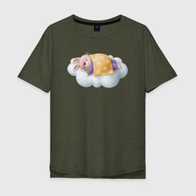 Мужская футболка хлопок Oversize с принтом Спящий кролик (спокойной ночи) в Тюмени, 100% хлопок | свободный крой, круглый ворот, “спинка” длиннее передней части | Тематика изображения на принте: заяц | кролик | сон | спит | спокойной ночи | спящий кролик