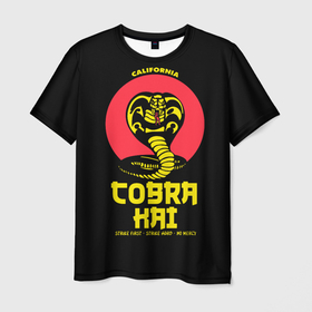 Мужская футболка 3D с принтом Cobra Kai  California в Санкт-Петербурге, 100% полиэфир | прямой крой, круглый вырез горловины, длина до линии бедер | american | cobra kai | emblem | karate | logo | martial arts | no mercy | snake | strike first | strike hard | television series | американский | боевые искусства | змея | карате | кобра кай | логотип | нет пощады | телесериал | ударь первым