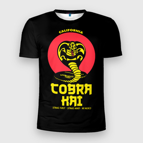 Мужская футболка 3D Slim с принтом Cobra Kai  California в Курске, 100% полиэстер с улучшенными характеристиками | приталенный силуэт, круглая горловина, широкие плечи, сужается к линии бедра | Тематика изображения на принте: american | cobra kai | emblem | karate | logo | martial arts | no mercy | snake | strike first | strike hard | television series | американский | боевые искусства | змея | карате | кобра кай | логотип | нет пощады | телесериал | ударь первым