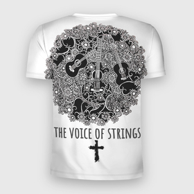 Мужская футболка 3D Slim с принтом Голос музыканта в Екатеринбурге, 100% полиэстер с улучшенными характеристиками | приталенный силуэт, круглая горловина, широкие плечи, сужается к линии бедра | Тематика изображения на принте: гитара | крест | музыка | струны | цветок