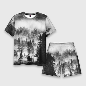 Мужской костюм с шортами 3D с принтом ТУМАННЫЙ ЛЕС   ТЕМНЫЙ ЛЕС в Белгороде,  |  | forest | деревья | дым | лес | мрачный лес | природа | туман