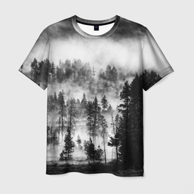 Мужская футболка 3D с принтом ТУМАННЫЙ ЛЕС   ТЕМНЫЙ ЛЕС в Санкт-Петербурге, 100% полиэфир | прямой крой, круглый вырез горловины, длина до линии бедер | Тематика изображения на принте: forest | деревья | дым | лес | мрачный лес | природа | туман