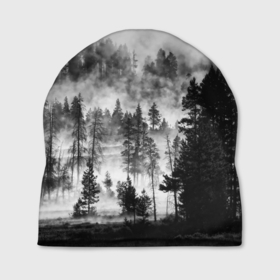 Шапка 3D с принтом ТУМАННЫЙ ЛЕС   ТЕМНЫЙ ЛЕС в Тюмени, 100% полиэстер | универсальный размер, печать по всей поверхности изделия | forest | деревья | дым | лес | мрачный лес | природа | туман