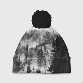 Шапка 3D c помпоном с принтом ТУМАННЫЙ ЛЕС   ТЕМНЫЙ ЛЕС в Санкт-Петербурге, 100% полиэстер | универсальный размер, печать по всей поверхности изделия | forest | деревья | дым | лес | мрачный лес | природа | туман