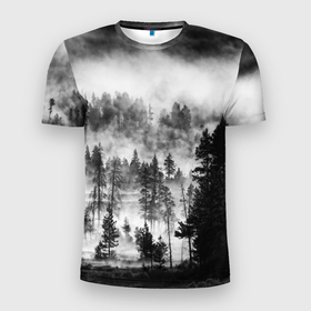 Мужская футболка 3D Slim с принтом ТУМАННЫЙ ЛЕС   ТЕМНЫЙ ЛЕС в Белгороде, 100% полиэстер с улучшенными характеристиками | приталенный силуэт, круглая горловина, широкие плечи, сужается к линии бедра | forest | деревья | дым | лес | мрачный лес | природа | туман