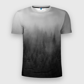 Мужская футболка 3D Slim с принтом ТУМАННЫЙ ЛЕС   МРАЧНЫЙ в Петрозаводске, 100% полиэстер с улучшенными характеристиками | приталенный силуэт, круглая горловина, широкие плечи, сужается к линии бедра | forest | деревья | дым | лес | мрачный лес | природа | туман