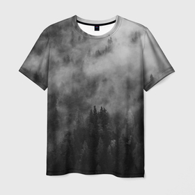 Мужская футболка 3D с принтом ТУМАН НАД ЛЕСОМ. МРАЧНО , 100% полиэфир | прямой крой, круглый вырез горловины, длина до линии бедер | Тематика изображения на принте: forest | деревья | дым | лес | мрачный лес | природа | туман | туманный лес