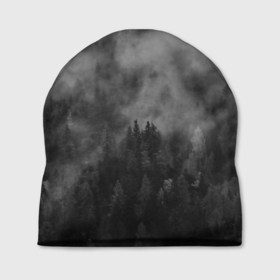 Шапка 3D с принтом ТУМАН НАД ЛЕСОМ. МРАЧНО , 100% полиэстер | универсальный размер, печать по всей поверхности изделия | Тематика изображения на принте: forest | деревья | дым | лес | мрачный лес | природа | туман | туманный лес