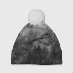 Шапка 3D c помпоном с принтом ТУМАН НАД ЛЕСОМ. МРАЧНО , 100% полиэстер | универсальный размер, печать по всей поверхности изделия | forest | деревья | дым | лес | мрачный лес | природа | туман | туманный лес