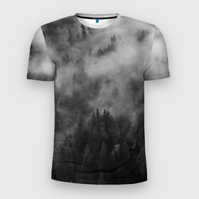 Мужская футболка 3D Slim с принтом ТУМАН НАД ЛЕСОМ. МРАЧНО в Белгороде, 100% полиэстер с улучшенными характеристиками | приталенный силуэт, круглая горловина, широкие плечи, сужается к линии бедра | forest | деревья | дым | лес | мрачный лес | природа | туман | туманный лес