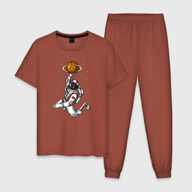 Мужская пижама хлопок с принтом Космический баскетболист в Тюмени, 100% хлопок | брюки и футболка прямого кроя, без карманов, на брюках мягкая резинка на поясе и по низу штанин
 | Тематика изображения на принте: basketball | nba | streetball | астронавт | баскетбол | баскетболист | космонавт | мяч | нба | скафандр | спорт | стритбол | юпитер