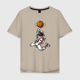 Мужская футболка хлопок Oversize с принтом Космический баскетболист в Тюмени, 100% хлопок | свободный крой, круглый ворот, “спинка” длиннее передней части | Тематика изображения на принте: basketball | nba | streetball | астронавт | баскетбол | баскетболист | космонавт | мяч | нба | скафандр | спорт | стритбол | юпитер