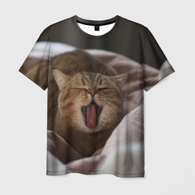 Мужская футболка 3D с принтом Зевающий кот на кровати в Курске, 100% полиэфир | прямой крой, круглый вырез горловины, длина до линии бедер | животное | животные | звери | зверь | зёв | зевающий | киска | киски | кот | котик | котики | питомец | питомцы