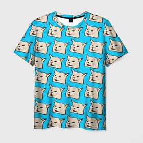 Мужская футболка 3D с принтом screaming woman cat в Петрозаводске, 100% полиэфир | прямой крой, круглый вырез горловины, длина до линии бедер | screaming woman cat | белый кот | женщина кричит на кота | кот за столом | мем