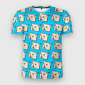 Мужская футболка 3D Slim с принтом screaming woman cat в Санкт-Петербурге, 100% полиэстер с улучшенными характеристиками | приталенный силуэт, круглая горловина, широкие плечи, сужается к линии бедра | screaming woman cat | белый кот | женщина кричит на кота | кот за столом | мем