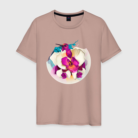 Мужская футболка хлопок с принтом Сердитая птица в красивых цветах в Петрозаводске, 100% хлопок | прямой крой, круглый вырез горловины, длина до линии бедер, слегка спущенное плечо. | девушкам | женские | настроение | природа | птица | сердитая | цветы