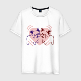 Мужская футболка хлопок с принтом Пара бульдогов в Белгороде, 100% хлопок | прямой крой, круглый вырез горловины, длина до линии бедер, слегка спущенное плечо. | бульдог | любимец | любовь | мило | милота | пара | питомец | романтика | сердце | собака | щенок