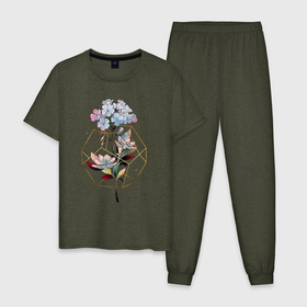 Мужская пижама хлопок с принтом Сиреневые цветы в геометрии в Курске, 100% хлопок | брюки и футболка прямого кроя, без карманов, на брюках мягкая резинка на поясе и по низу штанин
 | ваза | геометрическая фигура | геометрия | лето | цветы