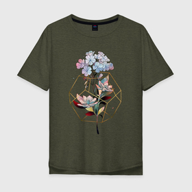 Мужская футболка хлопок Oversize с принтом Сиреневые цветы в геометрии в Курске, 100% хлопок | свободный крой, круглый ворот, “спинка” длиннее передней части | ваза | геометрическая фигура | геометрия | лето | цветы