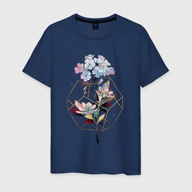 Мужская футболка хлопок с принтом Сиреневые цветы в геометрии в Петрозаводске, 100% хлопок | прямой крой, круглый вырез горловины, длина до линии бедер, слегка спущенное плечо. | ваза | геометрическая фигура | геометрия | лето | цветы