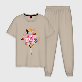 Мужская пижама хлопок с принтом Розовые цветы в геометрии в Белгороде, 100% хлопок | брюки и футболка прямого кроя, без карманов, на брюках мягкая резинка на поясе и по низу штанин
 | ваза | геометрия | лето | природа | цветы