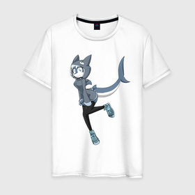 Мужская футболка хлопок с принтом Girl Shark anime в Санкт-Петербурге, 100% хлопок | прямой крой, круглый вырез горловины, длина до линии бедер, слегка спущенное плечо. | anime | fin | girl | shark | tail | акула | аниме | девушка | плавник | хвост