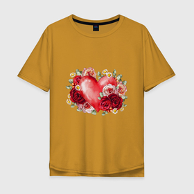 Мужская футболка хлопок Oversize с принтом ЦВЕТЫ И СЕРДЦЕ в Кировске, 100% хлопок | свободный крой, круглый ворот, “спинка” длиннее передней части | день всех влюбленных | подарок 8 марта | подарок на 8 марта | свети и сердце | сердце | сердце в цветах | цветы