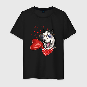 Мужская футболка хлопок с принтом ХАСКИ и СЕРДЦЕ в Новосибирске, 100% хлопок | прямой крой, круглый вырез горловины, длина до линии бедер, слегка спущенное плечо. | влюбленная хаска | влюбленный хаски | день всех влюбленных | любовь | подарок 8 марта | подарок на 8 марта | сердце | хаска | хаски | хаски и сердце