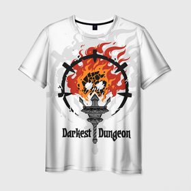 Мужская футболка 3D с принтом Darkest Dungeon: skull logo в Новосибирске, 100% полиэфир | прямой крой, круглый вырез горловины, длина до линии бедер | Тематика изображения на принте: darkest dungeon | skull on fire | torch | знак | компьютерная ролевая игра | логотип | подземелье | поиск сокровищ | приключения | темнейшее подземелье | череп в огне | эмблема