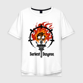 Мужская футболка хлопок Oversize с принтом Darkest Dungeon: skull logo. в Новосибирске, 100% хлопок | свободный крой, круглый ворот, “спинка” длиннее передней части | darkest dungeon | skull on fire | torch | знак | компьютерная ролевая игра | логотип | подземелье | поиск сокровищ | приключения | темнейшее подземелье | череп в огне | эмблема